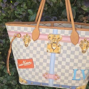 Louis Vuitton Neverfull MM Damier Azur Summer Trunks Tote Gold Hardware special